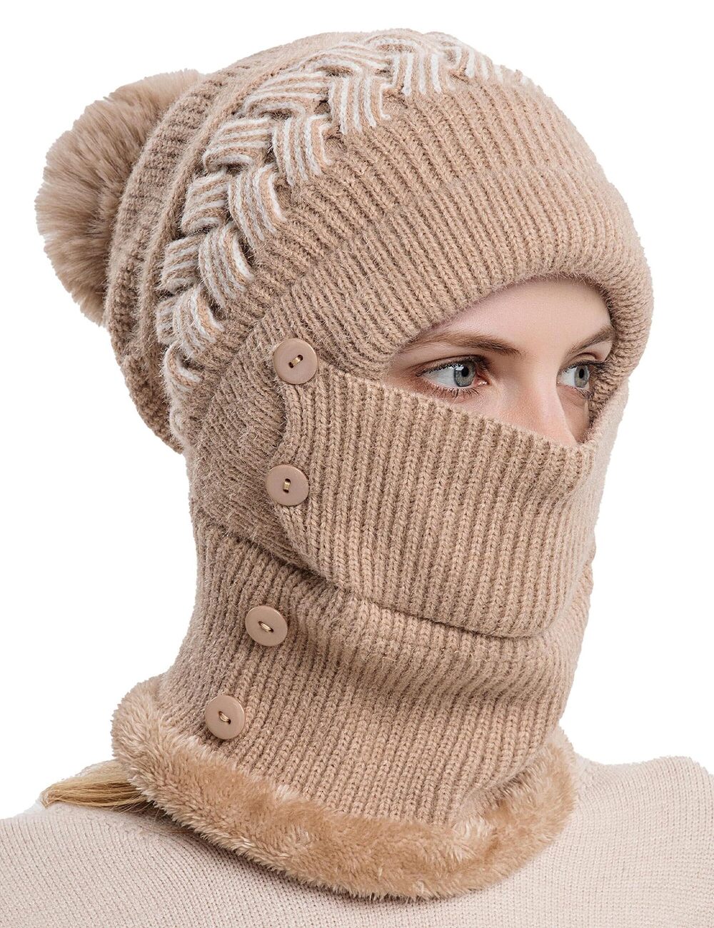 1456 One Piece Hats Scarf Set Knit Beanie Slouchy Fleece Scarf Balaclava